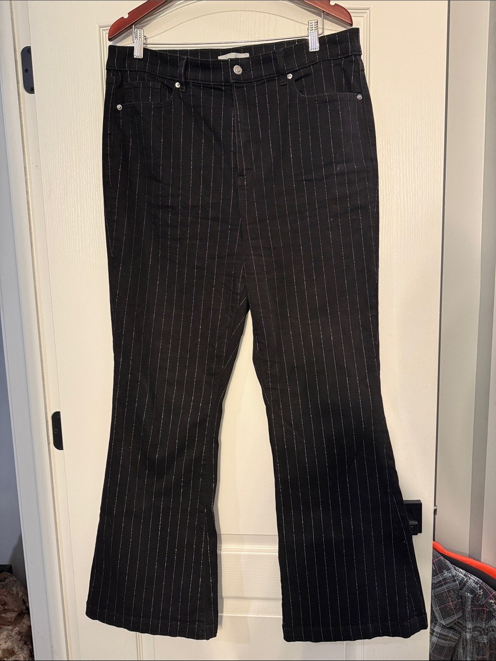 LOFT- Black Silver Pinstripe Flare Pants